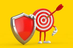 Archery Target and Dart in Center Cartoon Person Character Mascot with Red Metal Protection Shield. 3d Rendering photo