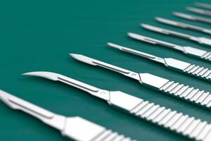 Set of Surgical Stainless Steel Metal Scalpels. 3d Rendering photo