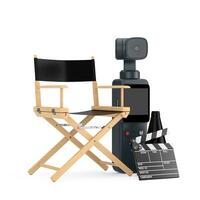 Pocket Handheld Gimbal Action Camera with Director Chair, Movie Clapper and Megaphone. 3d Rendering photo