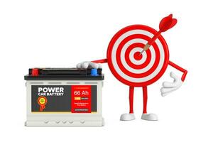 Archery Target and Dart in Center Cartoon Person Character Mascot and Rechargeable Car Battery 12V Accumulator with Abstract Label. 3d Rendering photo