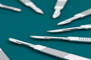 Set of Surgical Stainless Steel Metal Scalpels. 3d Rendering photo