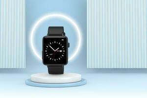 Black Modern Smart Watch Mockup on top of Product Presentation Stage or Pedestal. 3d Rendering photo