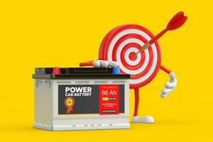 Archery Target and Dart in Center Cartoon Person Character Mascot and Rechargeable Car Battery 12V Accumulator with Abstract Label. 3d Rendering photo