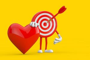 Archery Target and Dart in Center Cartoon Person Character Mascot with Red Heart. 3d Rendering photo