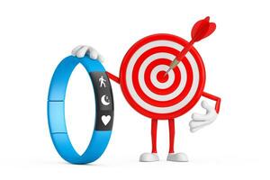 Archery Target and Dart in Center Cartoon Person Character Mascot with Blue Fitness Tracker. 3d Rendering photo