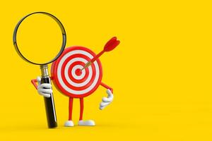 Archery Target and Dart in Center Cartoon Person Character Mascot with Magnifying Glass. 3d Rendering photo