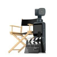 Pocket Handheld Gimbal Action Camera with Director Chair, Movie Clapper and Megaphone. 3d Rendering photo