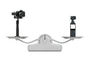 Pocket Handheld Gimbal Action Camera and DSLR or Video Camera Gimbal Stabilization Tripod System Balancing on a Simple Weighting Scale. 3d Rendering photo