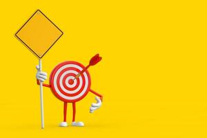 Archery Target and Dart in Center Cartoon Person Character Mascot and Yellow Road Sign with Free Space for Yours Design. 3d Rendering photo