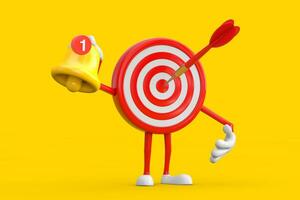 Archery Target and Dart in Center Cartoon Person Character Mascot witn Cartoon Social Media Notification Bell and New Message Icon. 3d Rendering photo