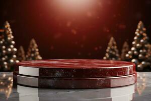 AI generated Crimson Velvet Christmas Background with a Minimalist Porcelain Podium Mockup photo