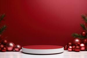 AI generated Crimson Velvet Christmas Background with a Minimalist Porcelain Podium Mockup photo