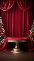 AI generated Crimson Velvet Christmas Background with a Minimalist Porcelain Podium Mockup photo