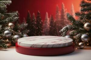 AI generated Crimson Velvet Christmas Background with a Minimalist Porcelain Podium Mockup photo