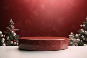 AI generated Crimson Velvet Christmas Background with a Minimalist Porcelain Podium Mockup photo