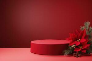 AI generated Crimson Velvet Christmas Background with a Minimalist Porcelain Podium Mockup photo