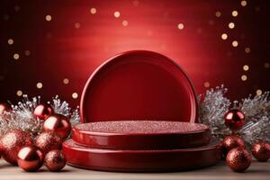 AI generated Crimson Velvet Christmas Background with a Minimalist Porcelain Podium Mockup photo