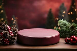 AI generated Crimson Velvet Christmas Background with a Minimalist Porcelain Podium Mockup photo