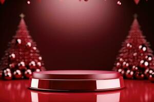 AI generated Crimson Velvet Christmas Background with a Minimalist Porcelain Podium Mockup photo