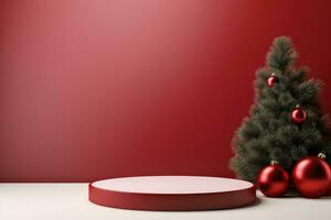 AI generated Crimson Velvet Christmas Background with a Minimalist Porcelain Podium Mockup photo