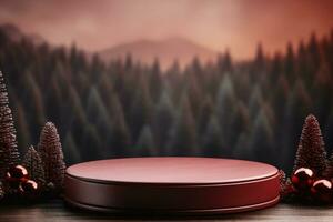 AI generated Crimson Velvet Christmas Background with a Minimalist Porcelain Podium Mockup photo