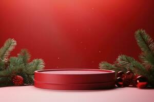 AI generated Crimson Velvet Christmas Background with a Minimalist Porcelain Podium Mockup photo