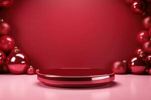 AI generated Crimson Velvet Christmas Background with a Minimalist Porcelain Podium Mockup photo