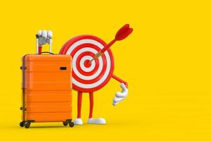 Archery Target and Dart in Center Cartoon Person Character Mascot with Orange Travel Suitcase. 3d Rendering photo