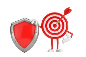 Archery Target and Dart in Center Cartoon Person Character Mascot with Red Metal Protection Shield. 3d Rendering photo