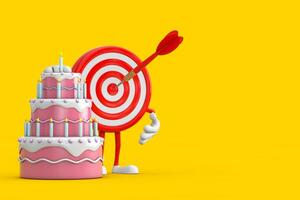 Archery Target and Dart in Center Cartoon Person Character Mascot with Birthday Cartoon Dessert Tiered Cake and Candles. 3d Rendering photo