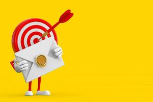 Archery Target and Dart in Center Cartoon Person Character Mascot with White Blank Envelope. 3d Rendering photo