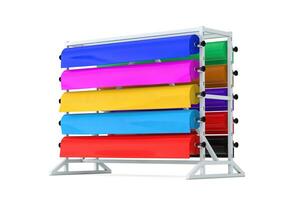 Multicolor PVC Polythene Plastic Tape Rolls or Foil Samples with Shop Display Rack. 3d Rendering photo