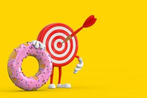 Archery Target and Dart in Center Cartoon Person Character Mascot with Big Strawberry Pink Glazed Donut. 3d Rendering photo