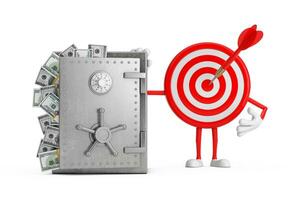Archery Target and Dart in Center Cartoon Person Character Mascot with Vault or Safe Box Full of Dollar Bills. 3d Rendering photo
