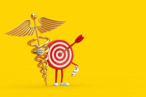 Archery Target and Dart in Center Cartoon Person Character Mascot with Golden Medical Caduceus Symbol. 3d Rendering photo