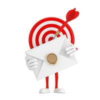 Archery Target and Dart in Center Cartoon Person Character Mascot with White Blank Envelope. 3d Rendering photo