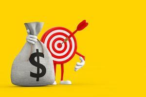 Archery Target and Dart in Center Cartoon Person Character Mascot with Tied Rustic Canvas Linen Money Sack or Money Bag with Dollar Sign. 3d Rendering photo