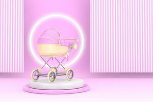 Modern Pink Baby Carriage, Stroller, Pram on top of Product Presentation Stage or Pedestal. 3d Rendering photo