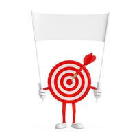 Archery Target and Dart in Center Cartoon Person Character Mascot and Empty White Blank Banner with Free Space for Your Design. 3d Rendering photo