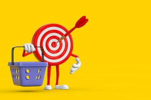 Archery Target and Dart in Center Cartoon Person Character Mascot with Cartoon Shopping Basket. 3d Rendering photo