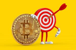Archery Target and Dart in Center Cartoon Person Character Mascot with Cryptocurrency Golden Bitcoin Coin. 3d Rendering photo