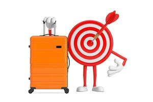 Archery Target and Dart in Center Cartoon Person Character Mascot with Orange Travel Suitcase. 3d Rendering photo