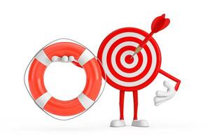 Archery Target and Dart in Center Cartoon Person Character Mascot with Life Buoy. 3d Rendering photo