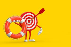 Archery Target and Dart in Center Cartoon Person Character Mascot with Life Buoy. 3d Rendering photo