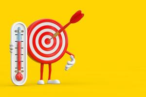 Archery Target and Dart in Center Cartoon Person Character Mascot with Outdoor Thermometer. 3d Rendering photo