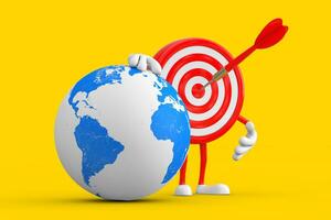Archery Target and Dart in Center Cartoon Person Character Mascot with Earth Globe. 3d Rendering photo