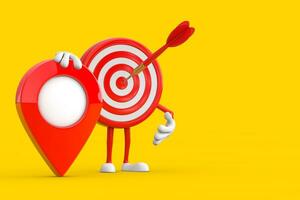 Archery Target and Dart in Center Cartoon Person Character Mascot with Red Target Map Pointer Pin. 3d Rendering photo