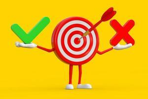 Archery Target and Dart in Center Cartoon Person Character Mascot with Red Cross and Green Check Mark, Confirm or Deny, Yes or No Icon Sign. 3d Rendering photo