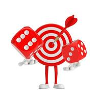 Archery Target and Dart in Center Cartoon Person Character Mascot with Red Game Dice Cubes in Flight. 3d Rendering photo