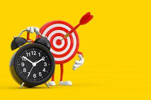 Archery Target and Dart in Center Cartoon Person Character Mascot with Alarm Clock. 3d Rendering photo